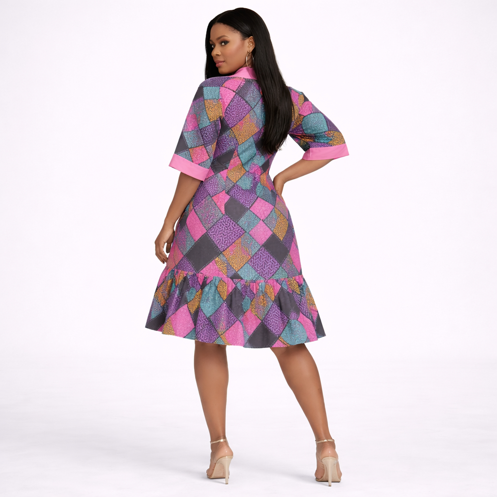 Colorful Patchwork Print Short Kaftan Dress with Pink Trim